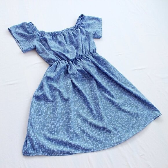 SOLD 🔴 POLKA dot peasant dress fits M-L blue off the shoulders - Picture 2 of 9